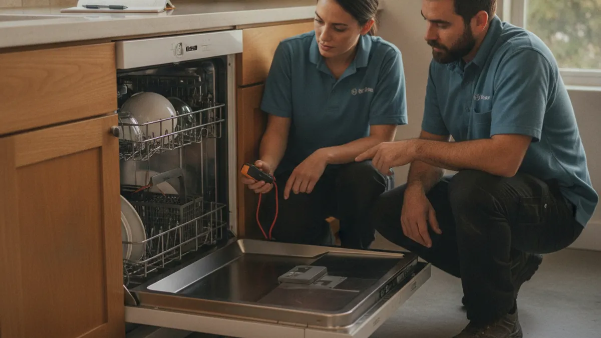 A technician testing a panel-ready dishwasher in a San Diego kitchen