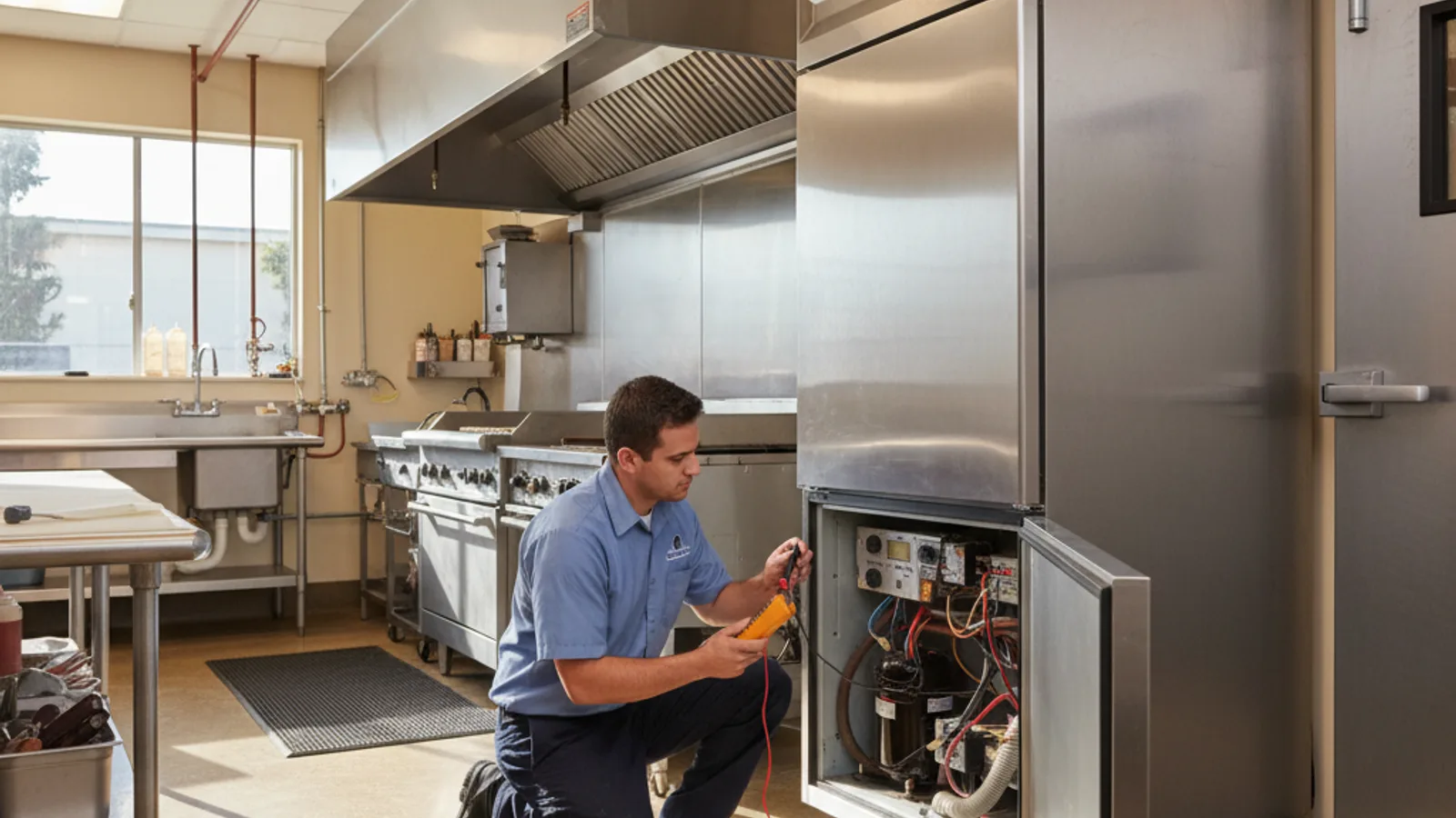 A technician in a steel-blue polo testing the compressor on a commercial reach-in refrigerator in a San Diego restaurant kitchen.