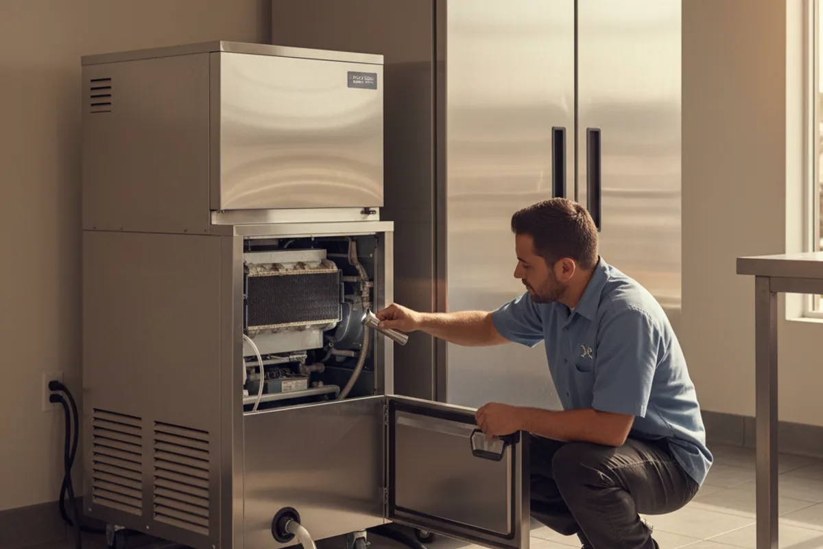A technician opening the front panel of a commercial ice machine to inspect the water line and condenser coils in a San Diego cafe.