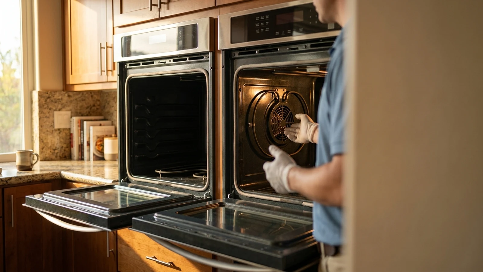 Two wall ovens side by side in a San Diego kitchen, one door open showing the rear-mounted convection fan and heating ring, the other a standard oven cavity.