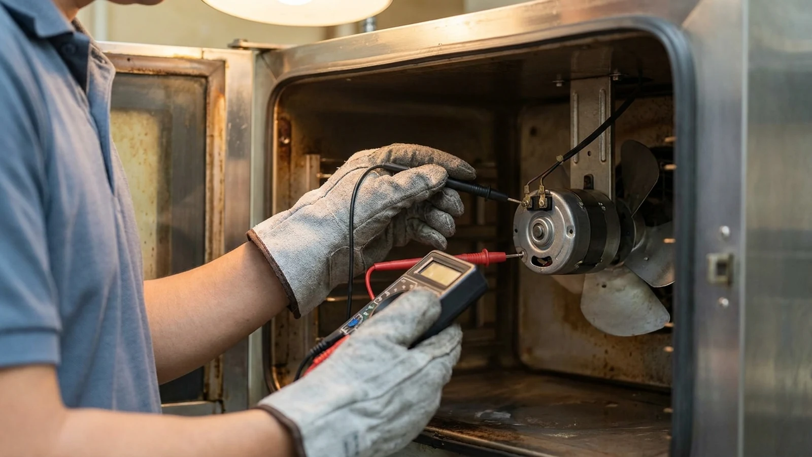 A repair technician's gloved hand testing a convection fan motor at the back of an open oven cavity with a multimeter.