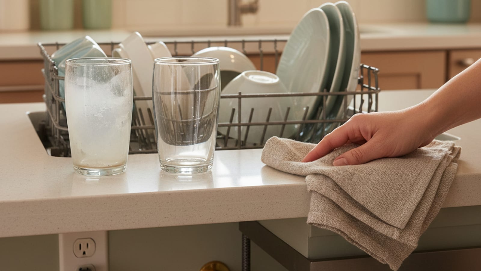 Clean and dirty dish side-by-side on a kitchen counter next to an open dishwasher with spotted glasses visible