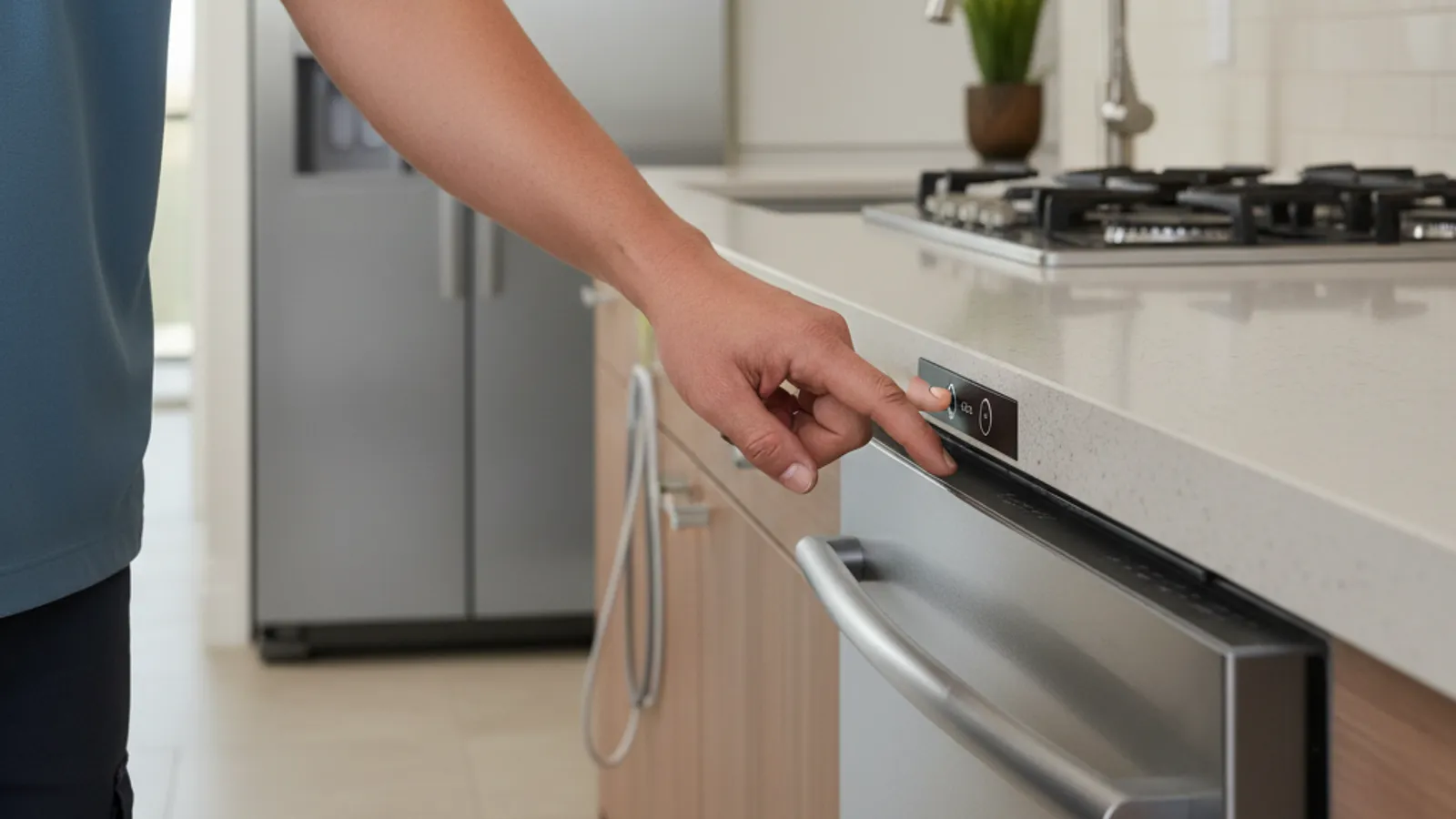 A person pressing the start button on an unresponsive dishwasher control panel in a San Diego kitchen.