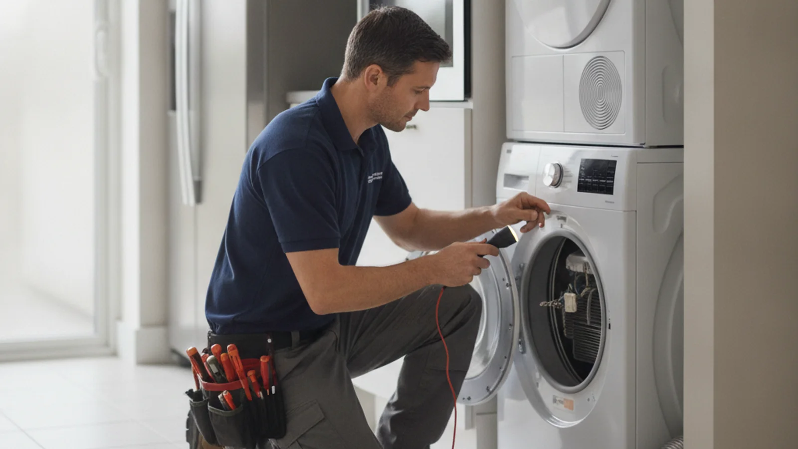 A technician inspecting the back of an electric dryer in a bright San Diego laundry room, thermal fuse and heating element visible.