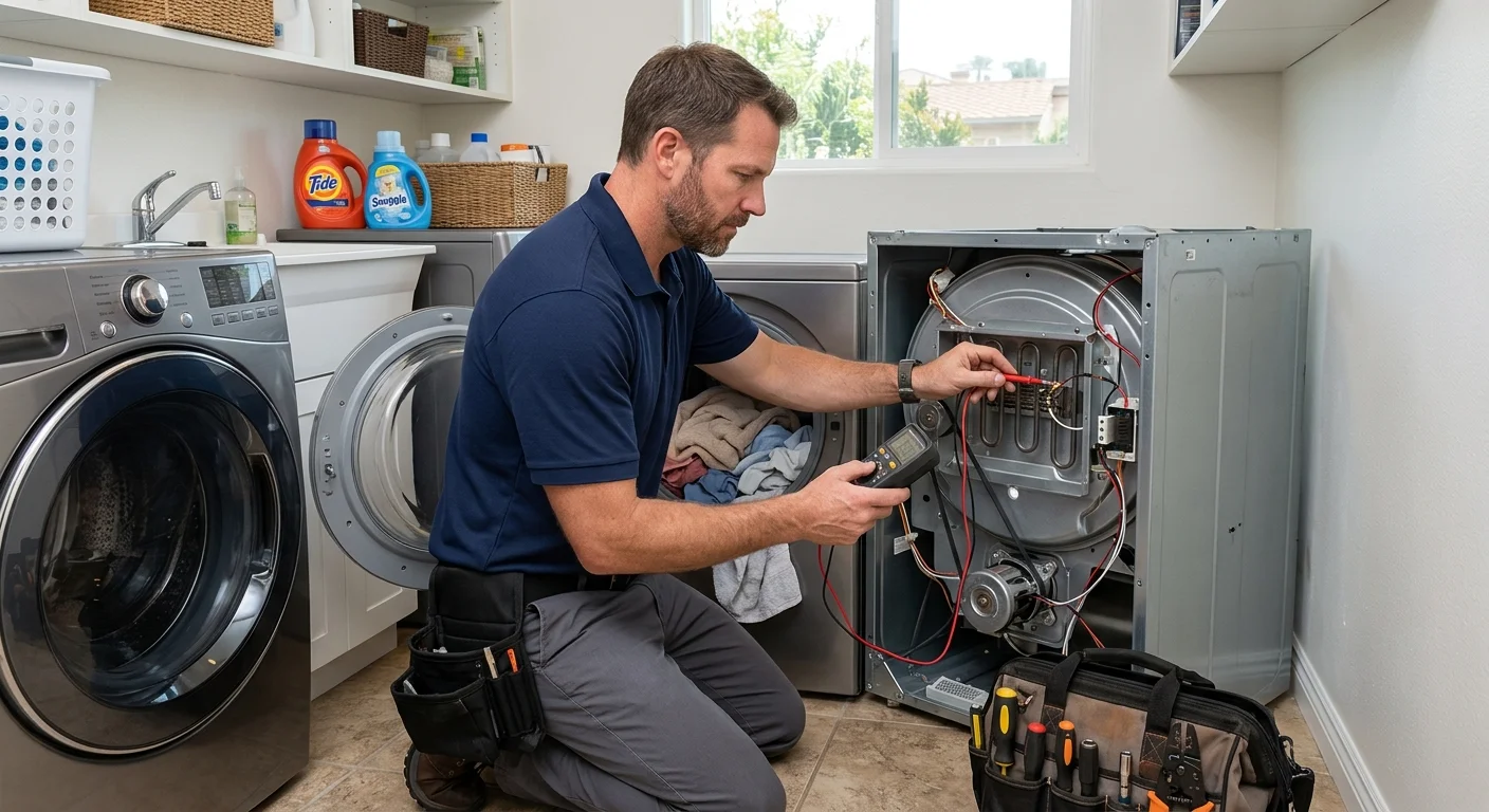Technician checking a Del Mar dryer that stopped mid-cycle