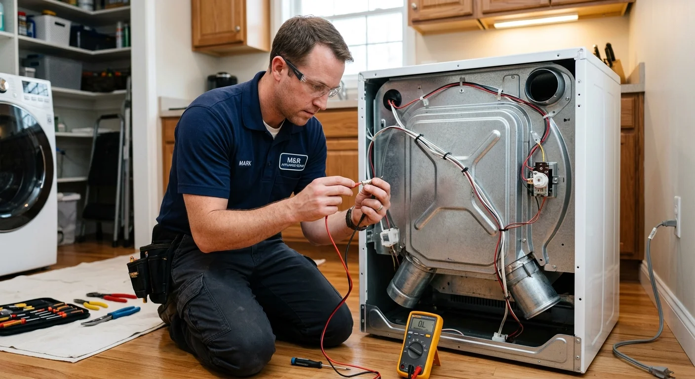 Technician inspecting a thermal fuse inside an unplugged dryer