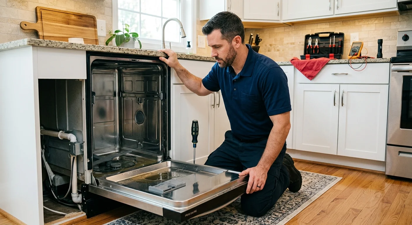 Independent technician inspecting a Frigidaire dishwasher with standing water
