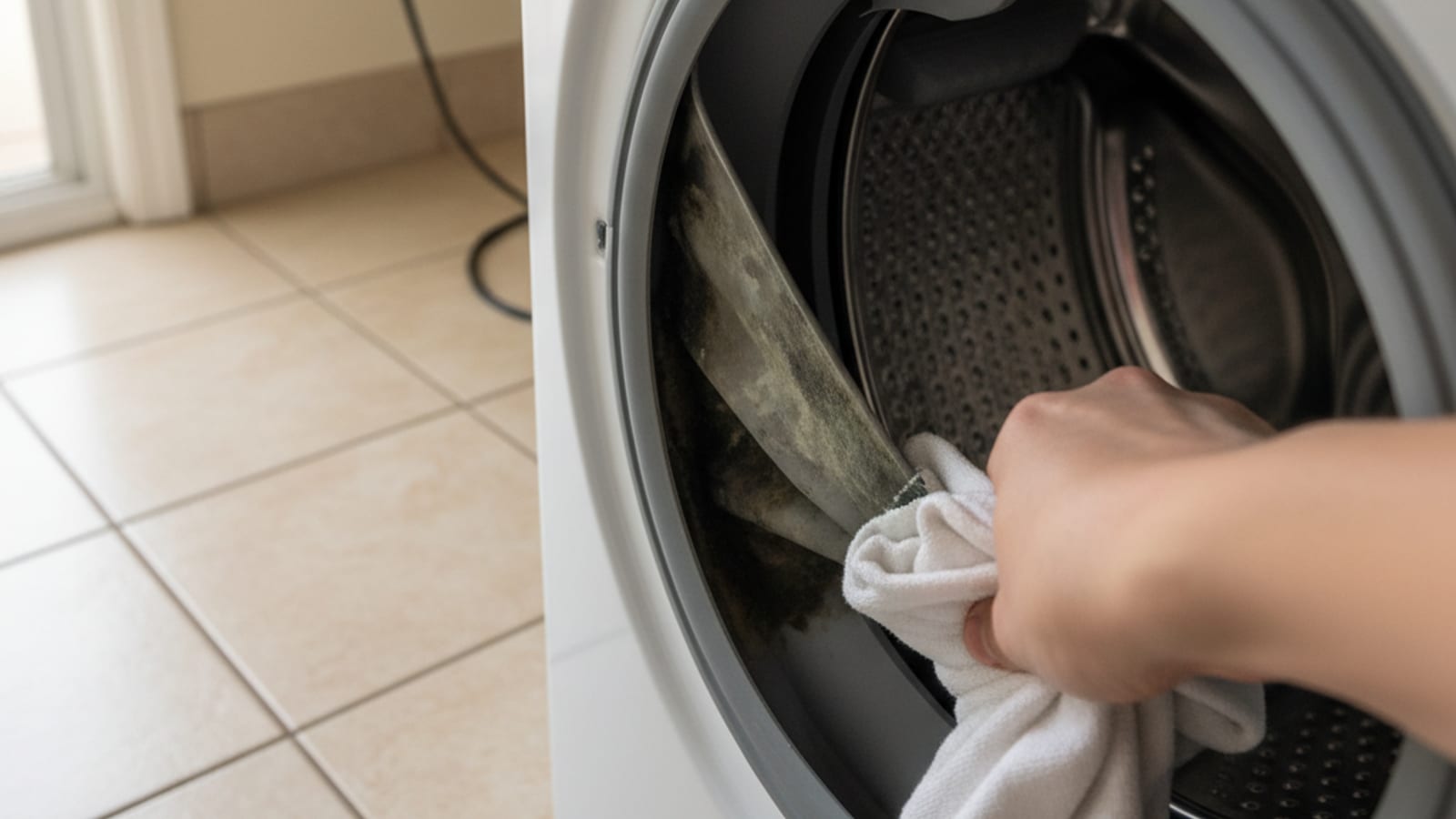 Close-up of a front-loader washing machine door gasket with visible mildew staining in the folds