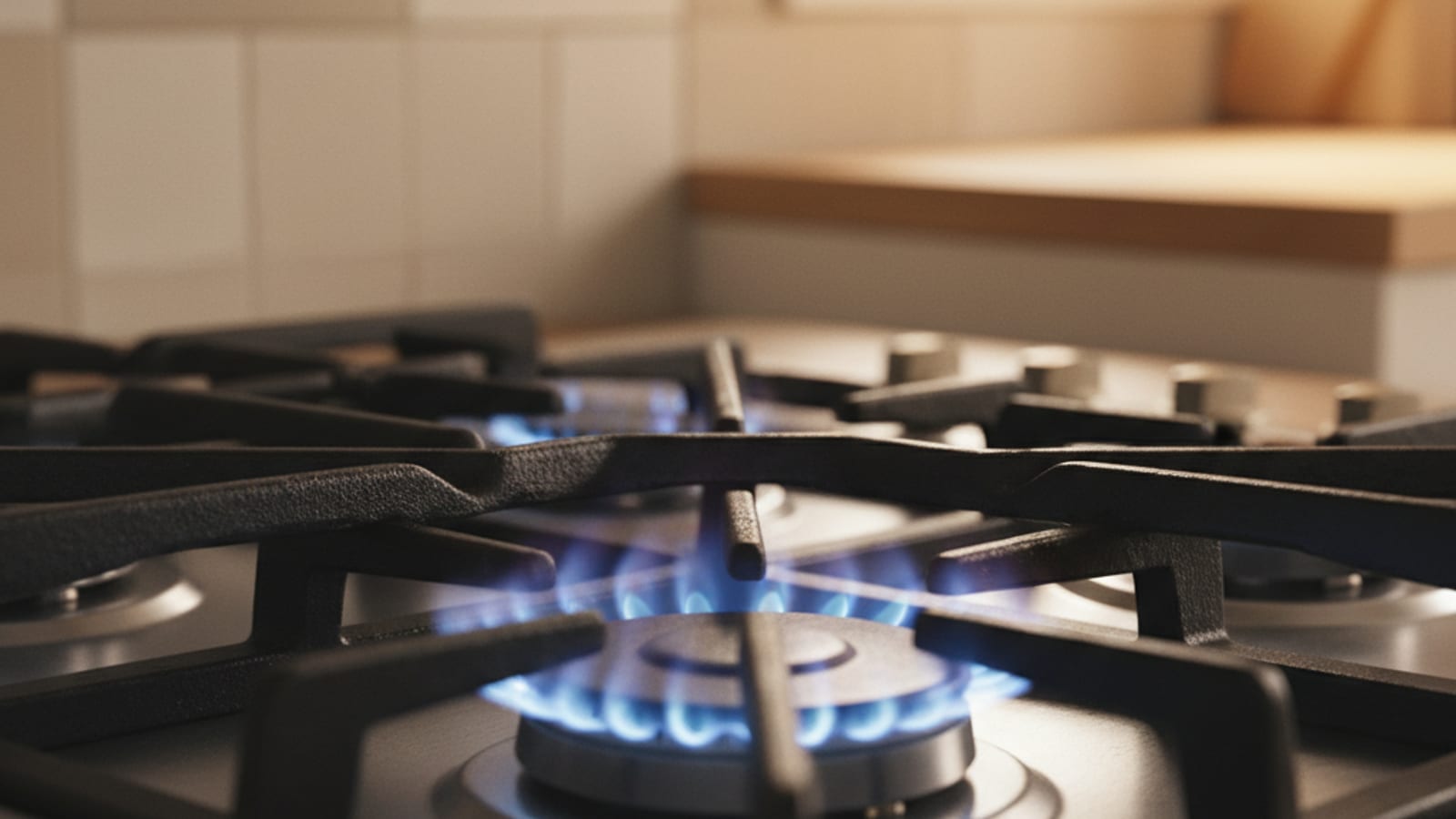 Close-up of a gas range burner showing a crisp steady blue flame indicating proper combustion