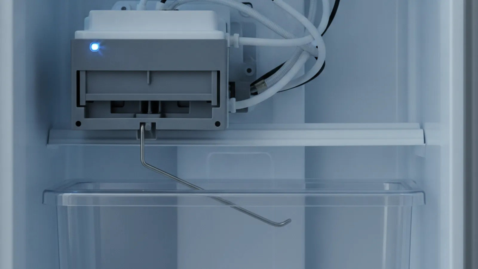 The empty ice maker assembly inside a GE French-door refrigerator freezer in a San Diego kitchen.