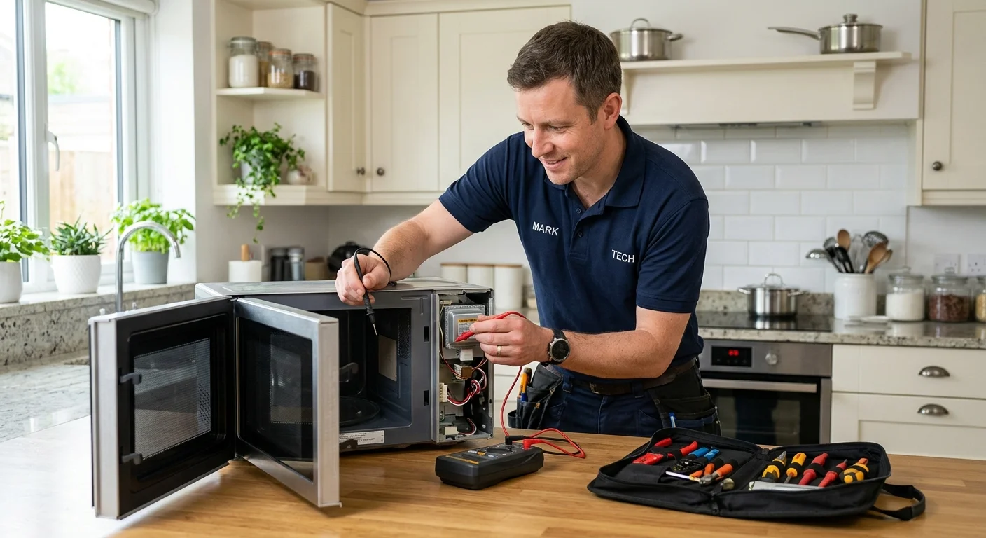 Technician inspecting a kitchen microwave that runs without heating