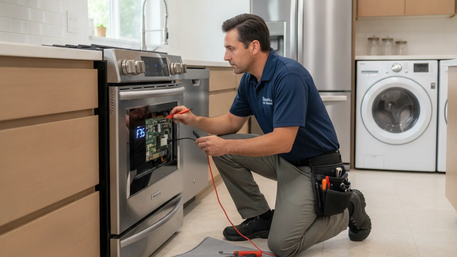 A photorealistic close-up of an appliance repair technician diagnosing a GE electric range with an F-code error showing on the front control panel display, clean modern kitchen, natural light.