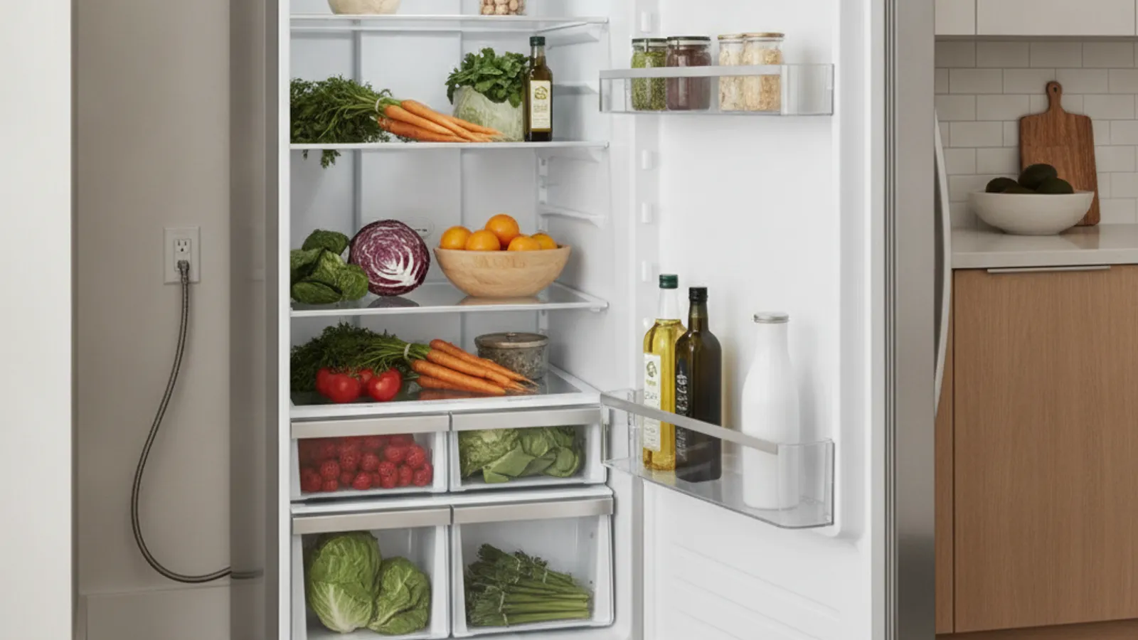 The open interior of a GE French-door refrigerator with food on the shelves in a San Diego kitchen.
