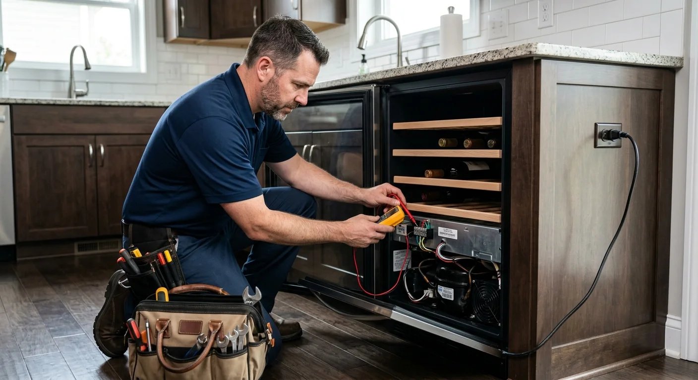 Independent technician inspecting a wine fridge that is not holding cold