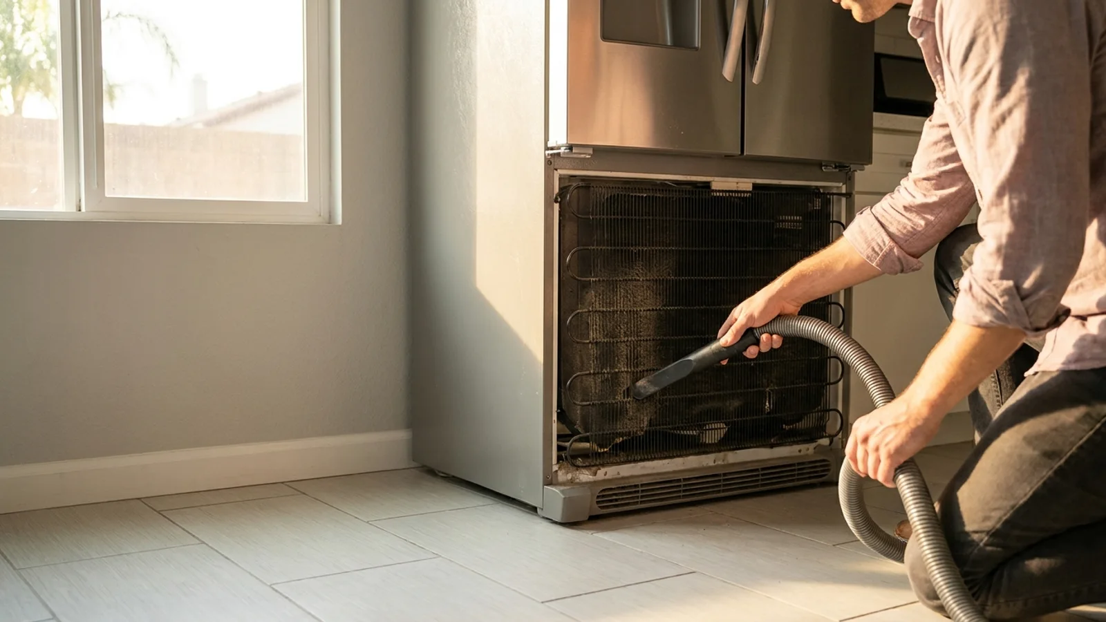 Person using a vacuum hose to clean dusty condenser coils behind the base grille of a refrigerator in a home kitchen