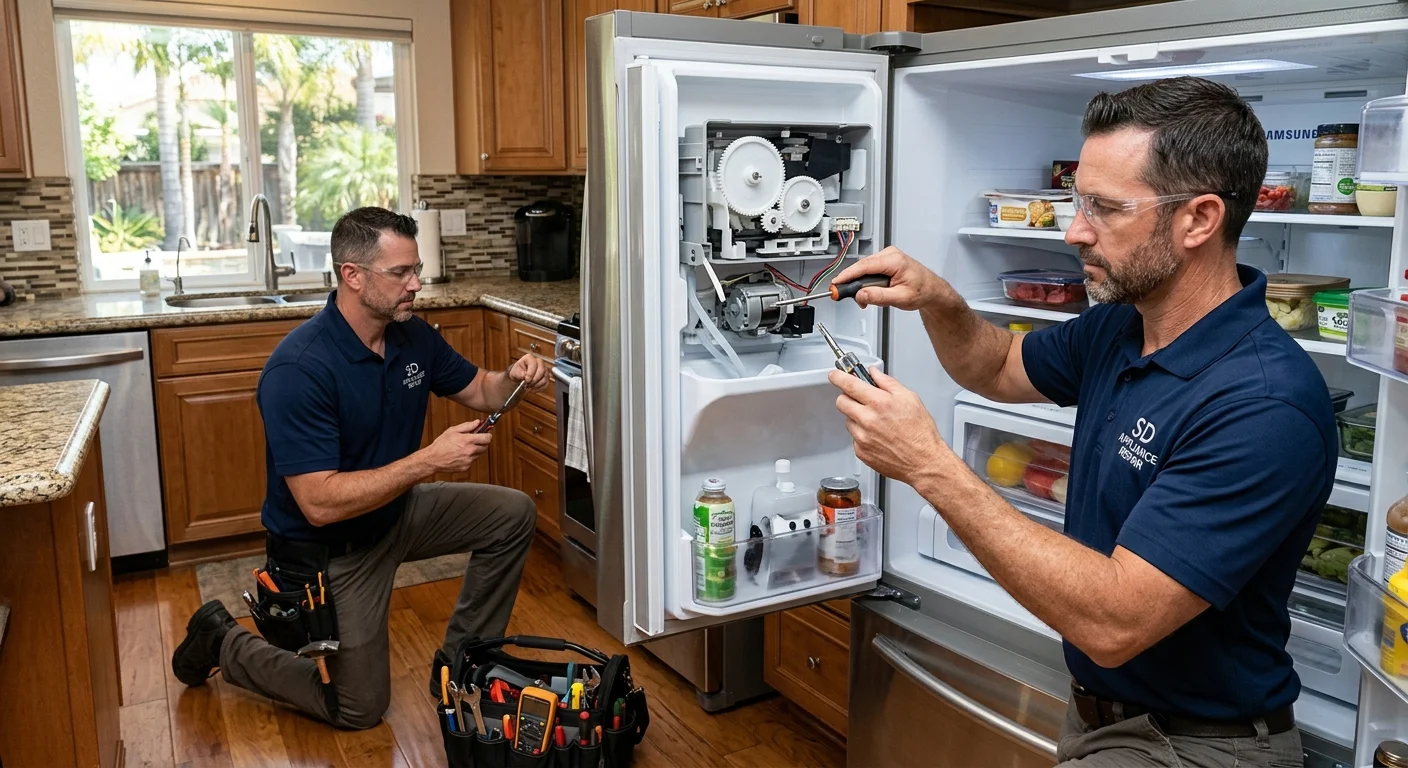 Technician servicing a stainless commercial ice machine in a San Diego restaurant kitchen