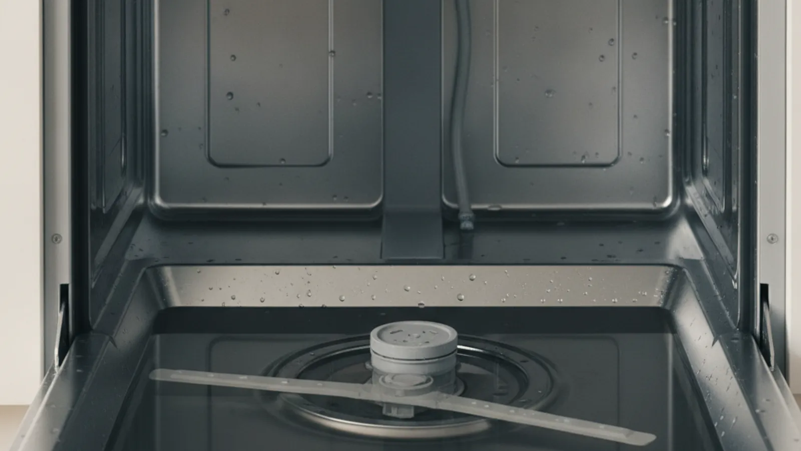 An open KitchenAid dishwasher with standing water in the sump in a San Diego kitchen.