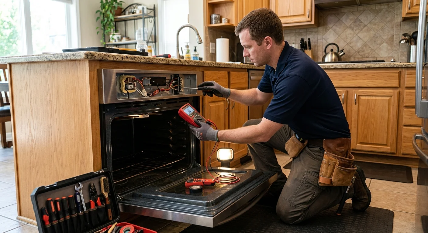 An independent appliance technician examining an oven that will not heat in a home kitchen