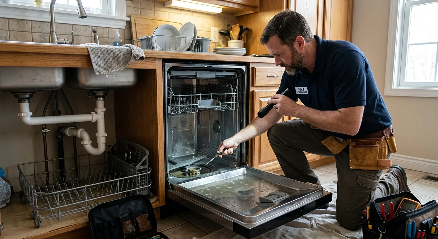 Technician checking a dishwasher tub that still holds standing water