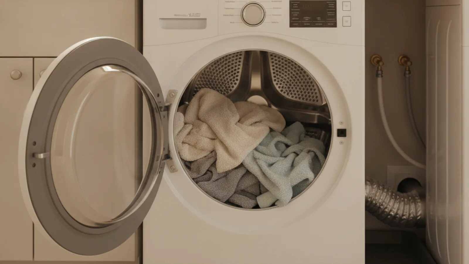A Maytag dryer with the door open and a pile of damp towels inside, in a San Diego laundry room.