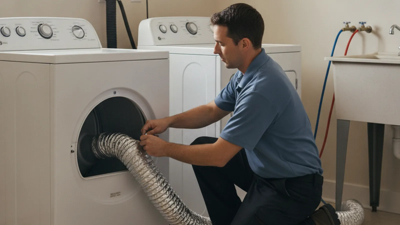 A technician checking the lint screen and exhaust vent connection behind a dryer in a laundry room.