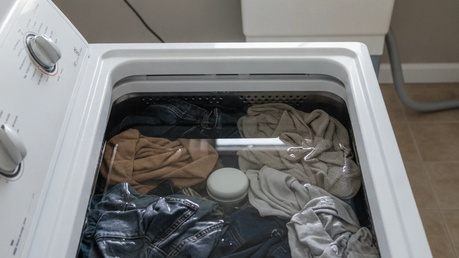 Soaking wet clothes sitting in the drum of a Maytag top-load washer in a San Diego laundry room.
