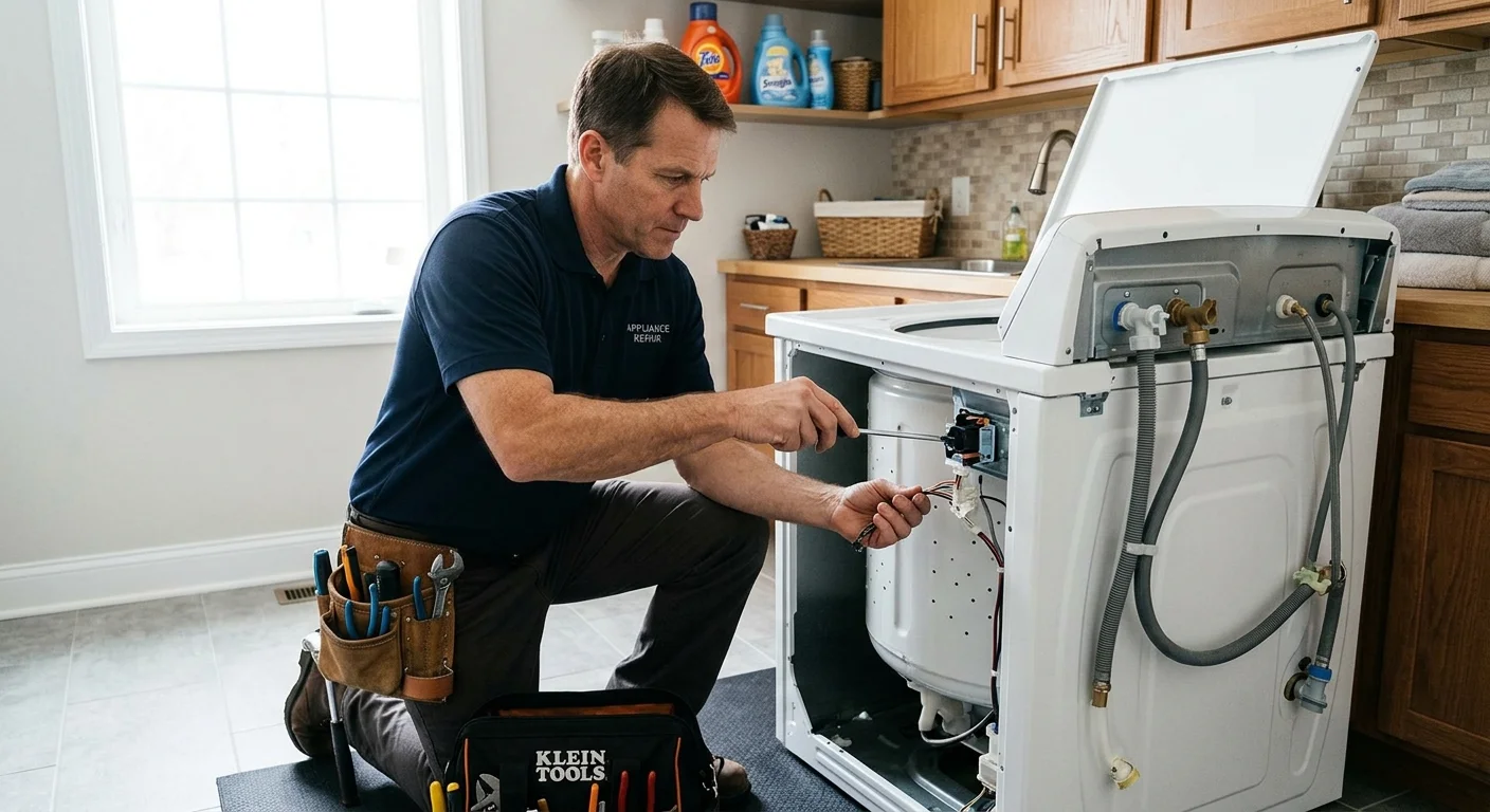Independent technician examining a Maytag top-load washer