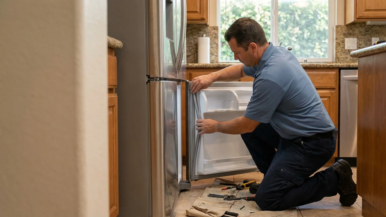 A technician's hands pressing a new gray rubber door gasket into the channel around an open stainless refrigerator door in a San Diego home kitchen.