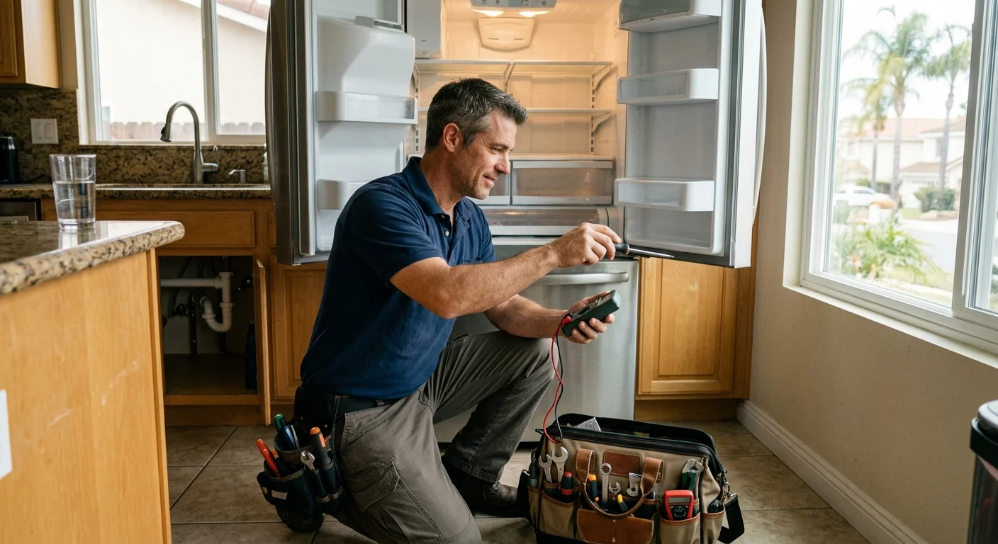 Technician inspecting a warm refrigerator in a San Marcos kitchen