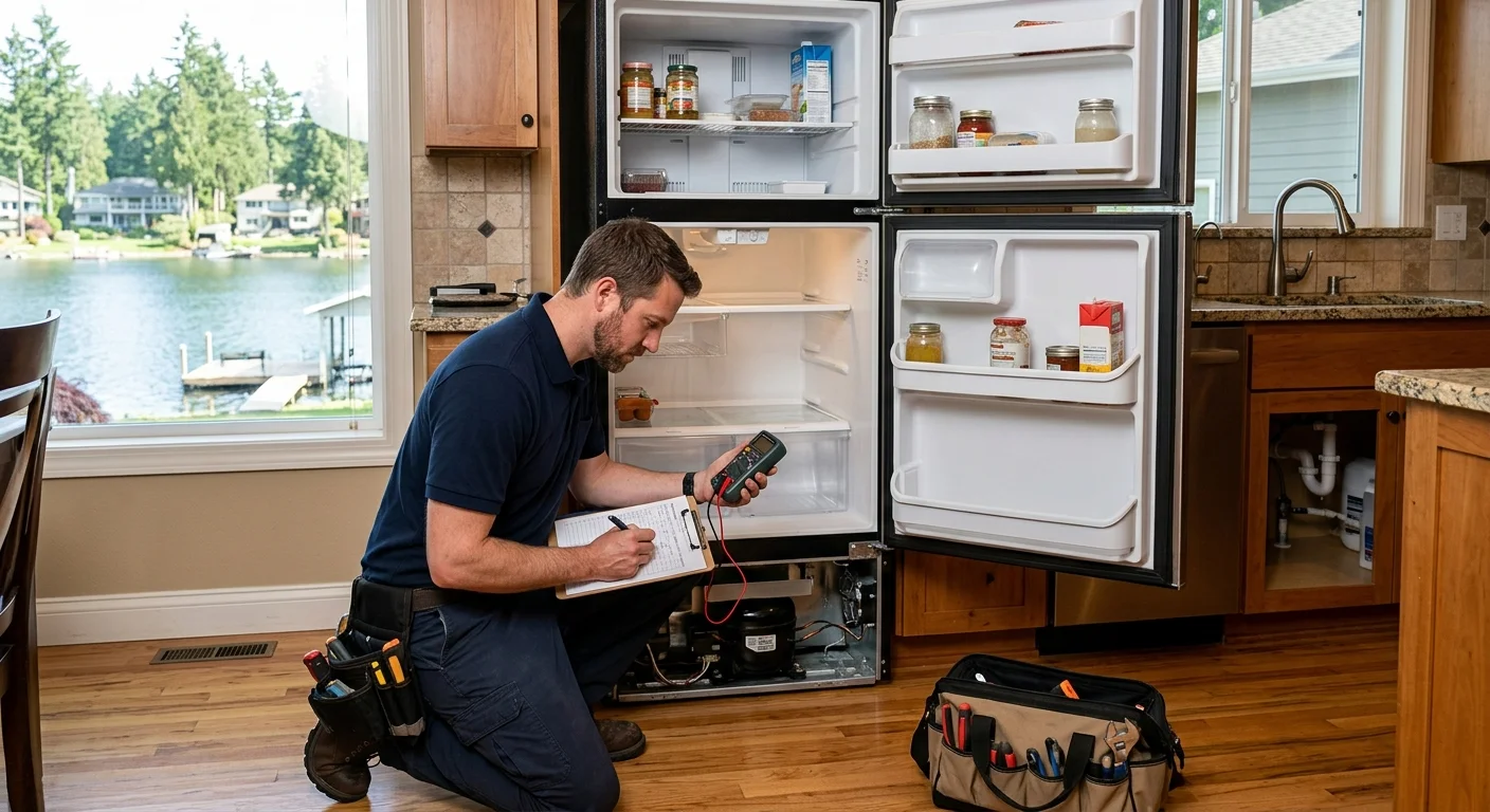 Technician documenting a Lakeside refrigerator that keeps shutting off