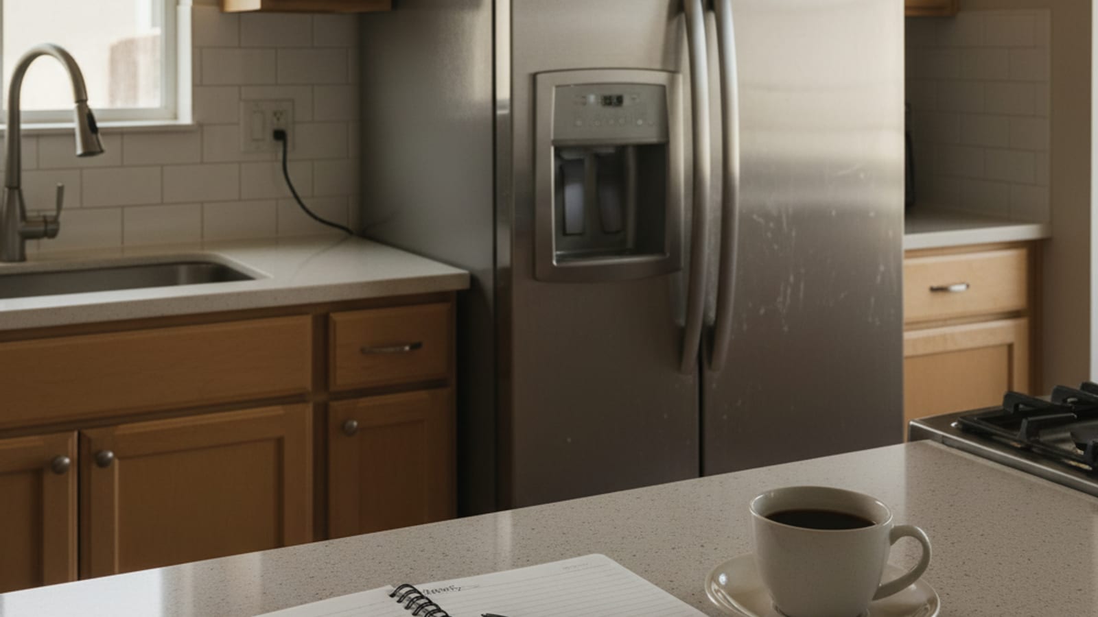 Notebook with a handwritten pros and cons list next to an older stainless-steel refrigerator in a San Diego kitchen