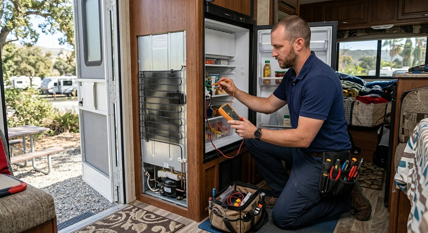 Technician inspecting an RV refrigerator at a San Diego County campsite