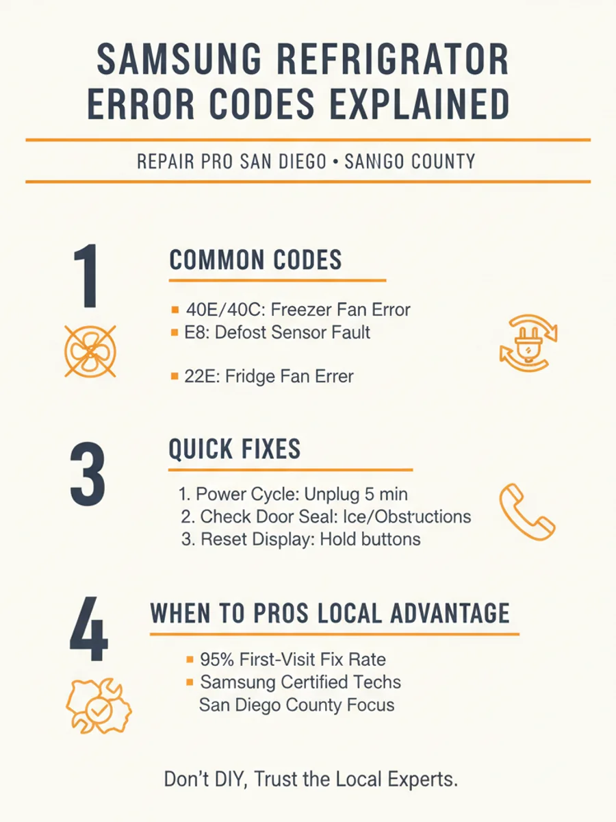 An infographic explaining common Samsung refrigerator error codes (OF OF, 22E, 21E, 24E, 39E, 88 88), grouped by demo mode, fan and defrost faults, ice maker faults, and display glitches, showing which a homeowner can clear and which need a technician.