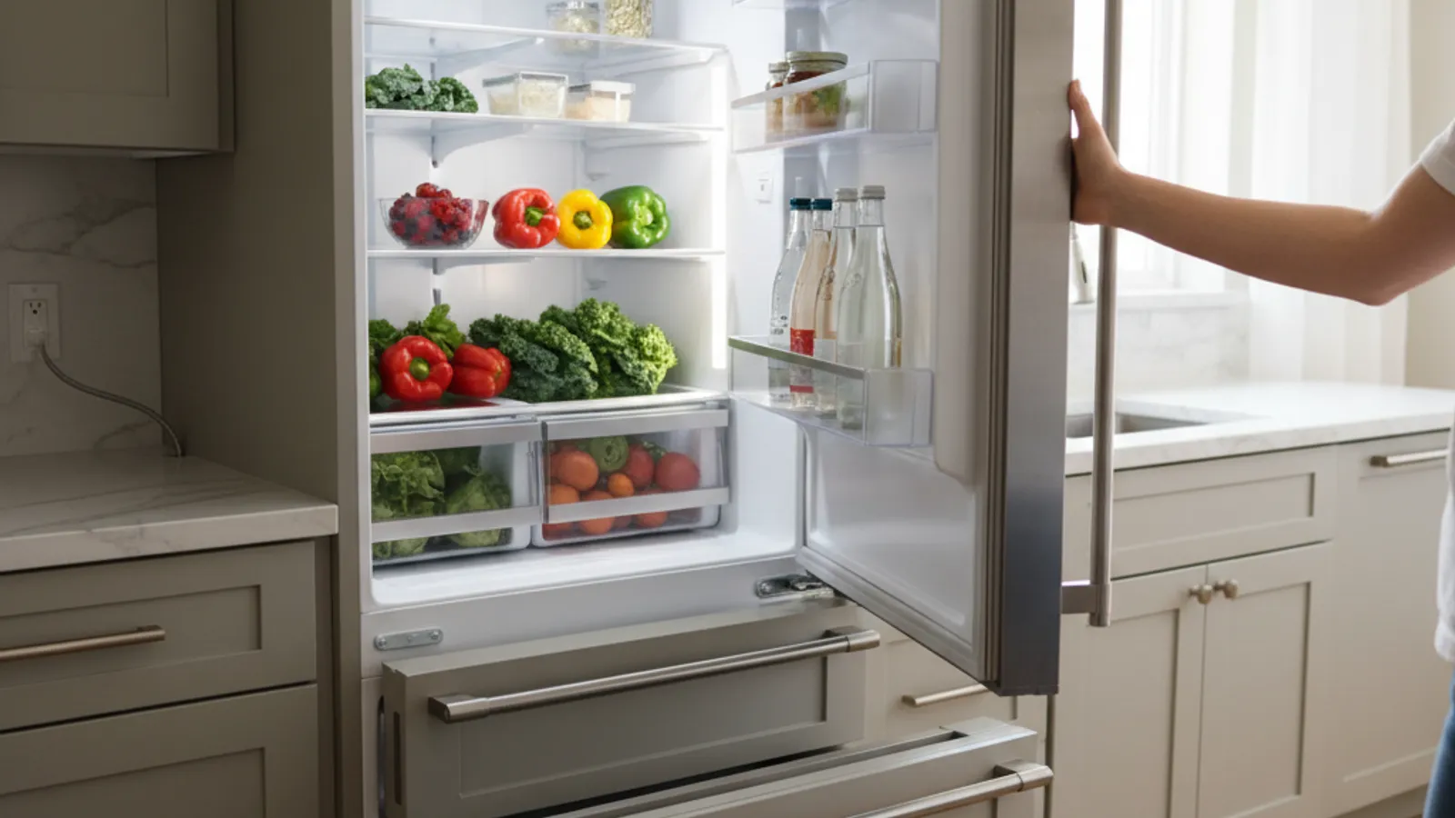 A person checking the interior temperature display of a Samsung French-door refrigerator in a San Diego kitchen.