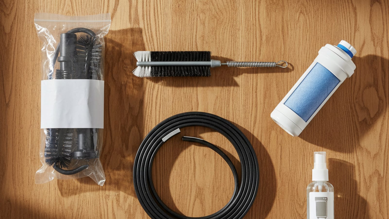 Overhead flat-lay of appliance maintenance items: filters, refrigerator coil brush, dryer vent cleaning kit on a wood surface