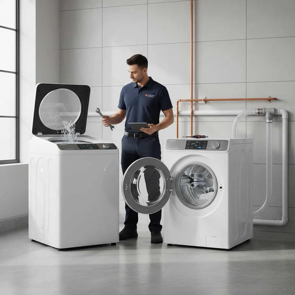Two open top-load washers side by side, one showing a center-post agitator and the other a low-profile impeller plate