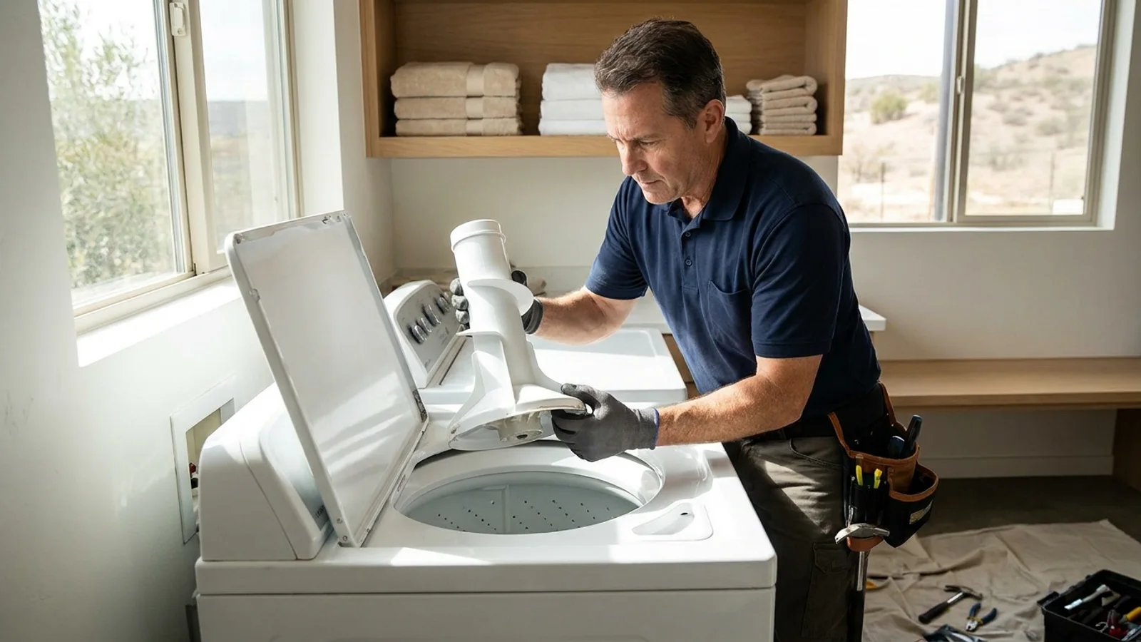 A technician's hands lifting the center agitator out of a top-load washing machine tub in a San Diego home laundry room.