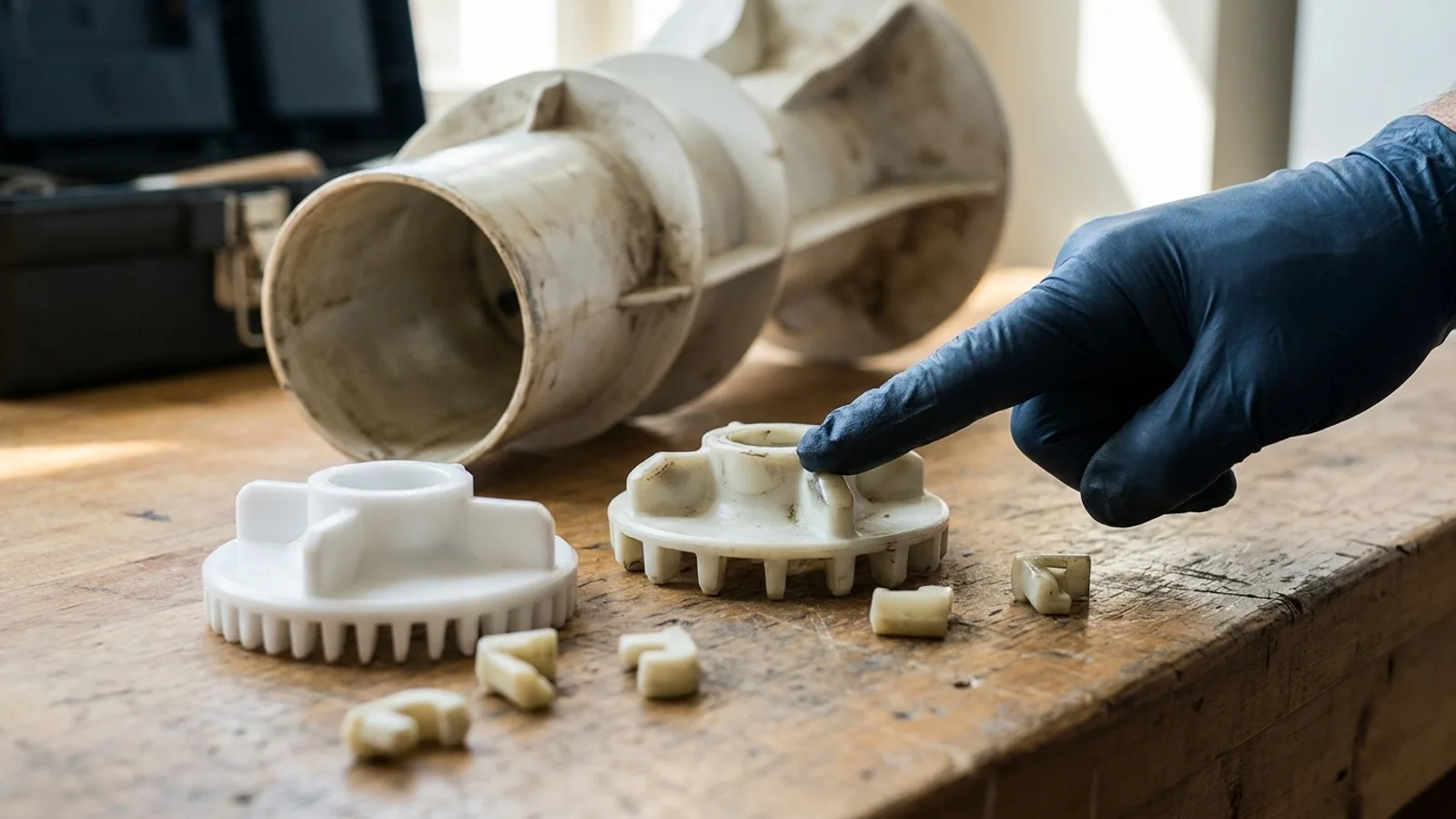 Close-up of a washer agitator's internal dogs and cam removed and laid out beside the agitator tube on a workbench.
