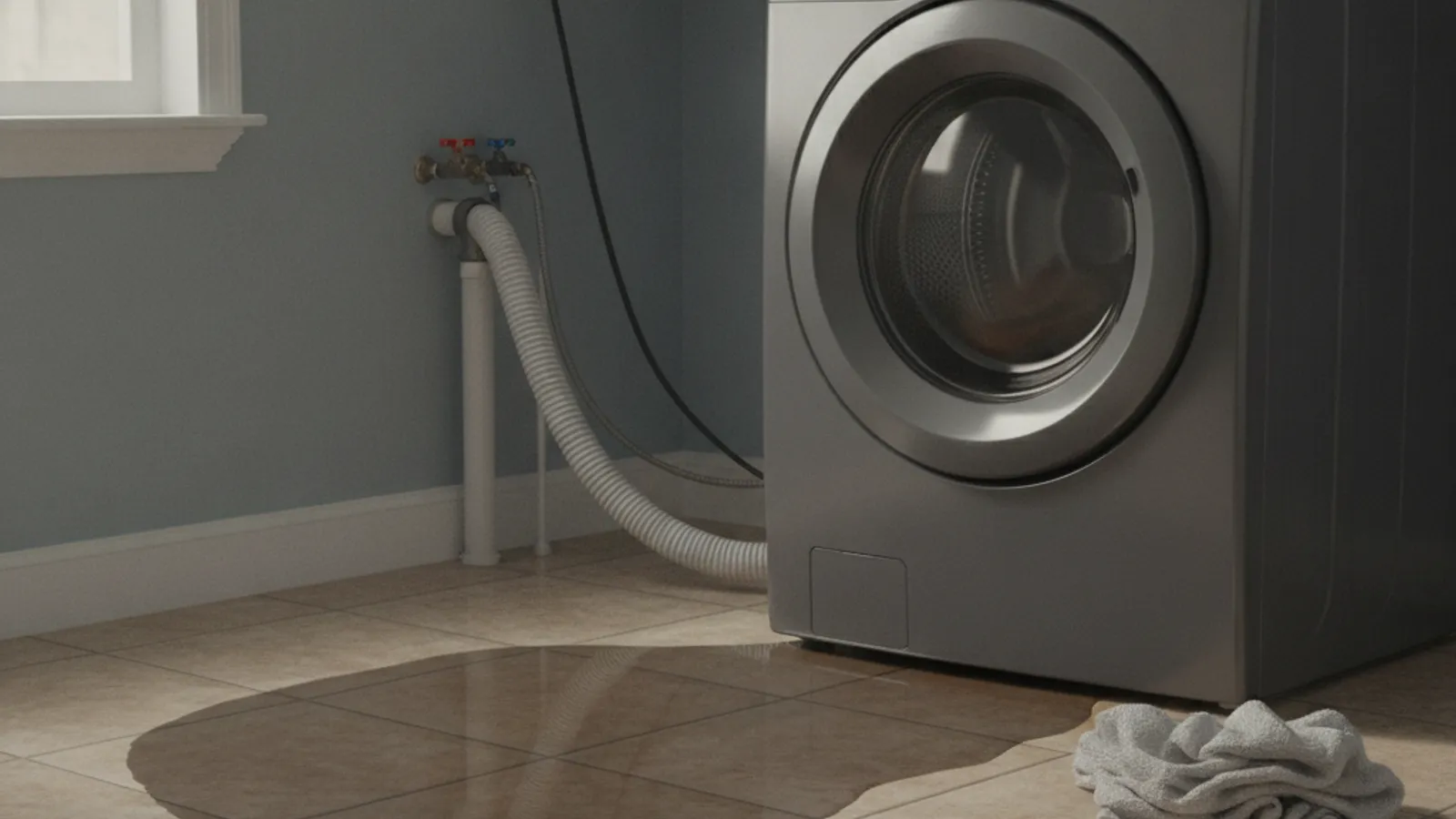 Water pooling on the floor under a front-load washing machine in a San Diego laundry room.