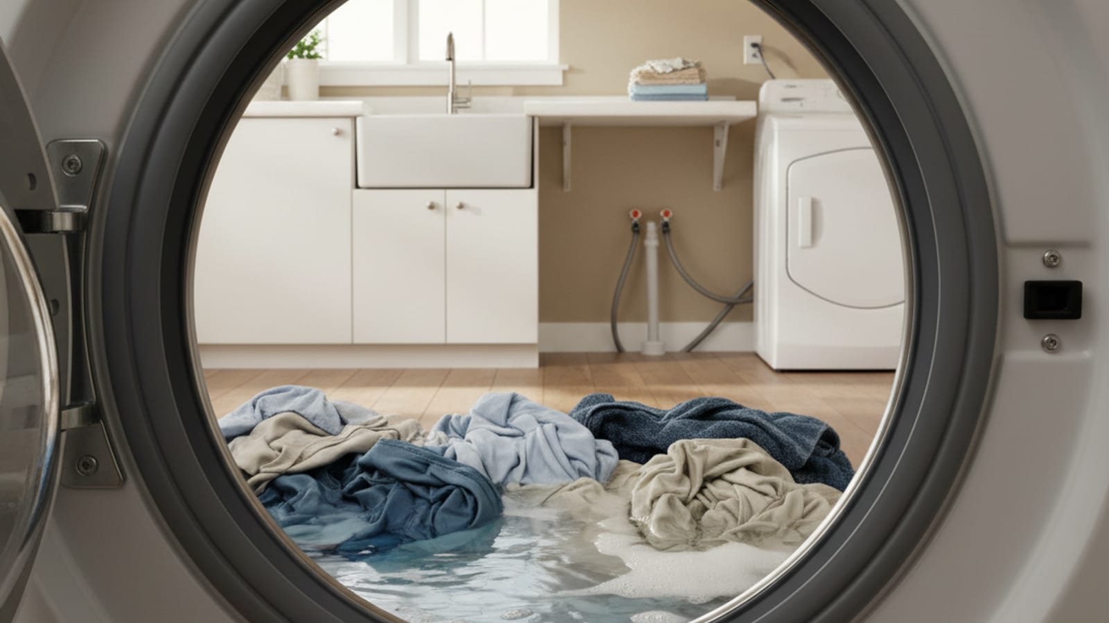 Close-up inside a front-load washing machine drum with standing water at the bottom