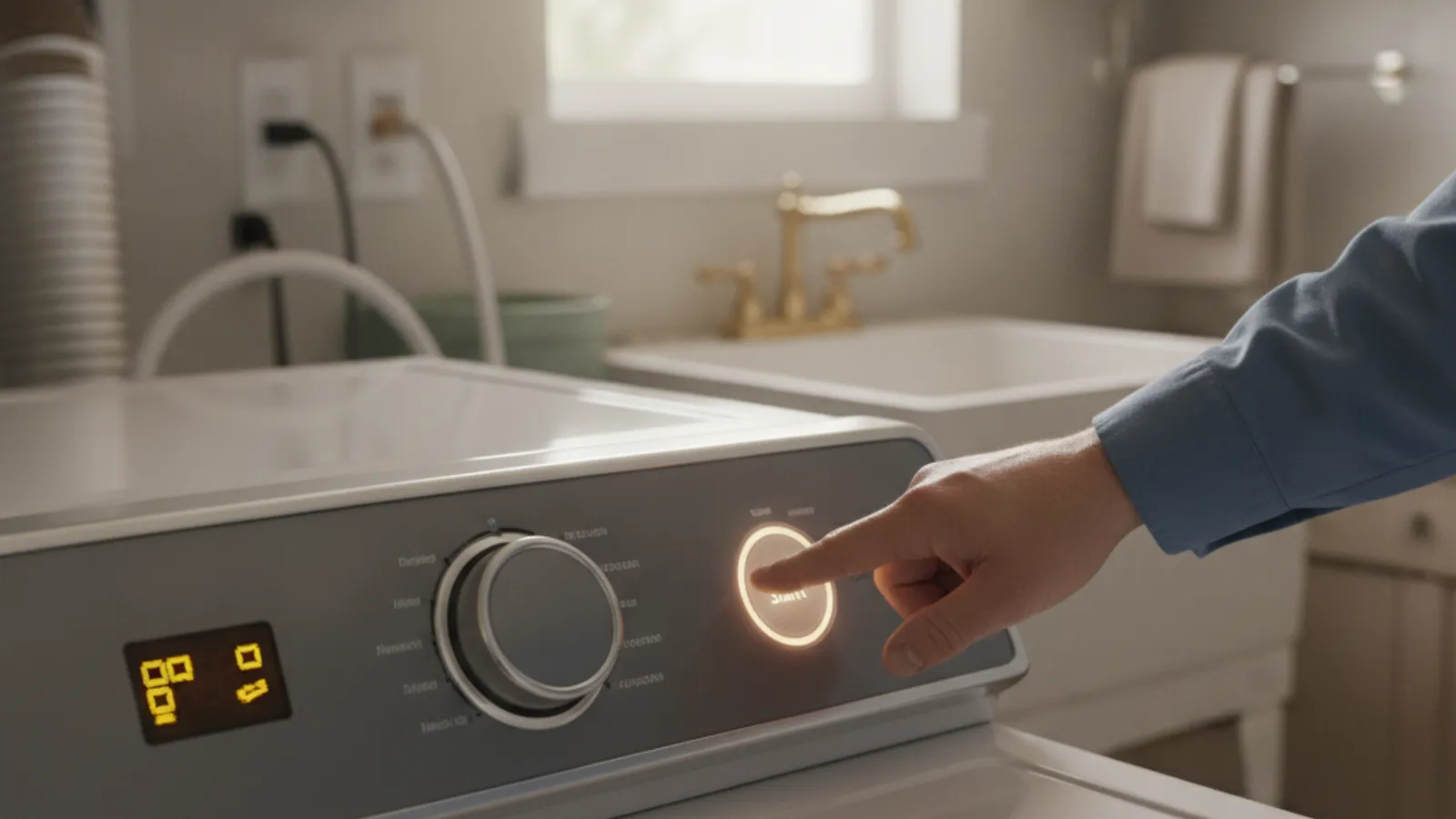 A digital control panel on a Whirlpool dryer showing a flashing fault code in a San Diego laundry room.