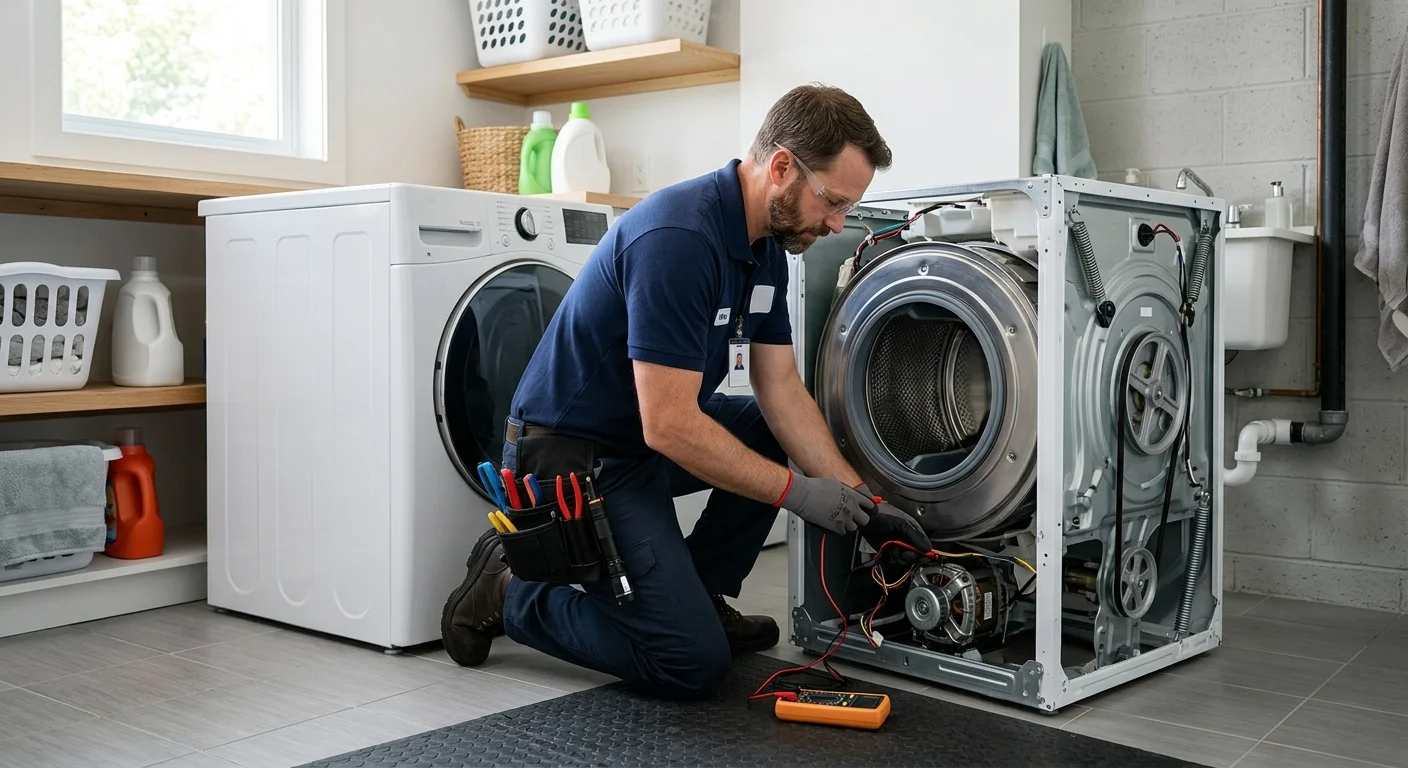 Technician inspecting a front-load washer that will not spin