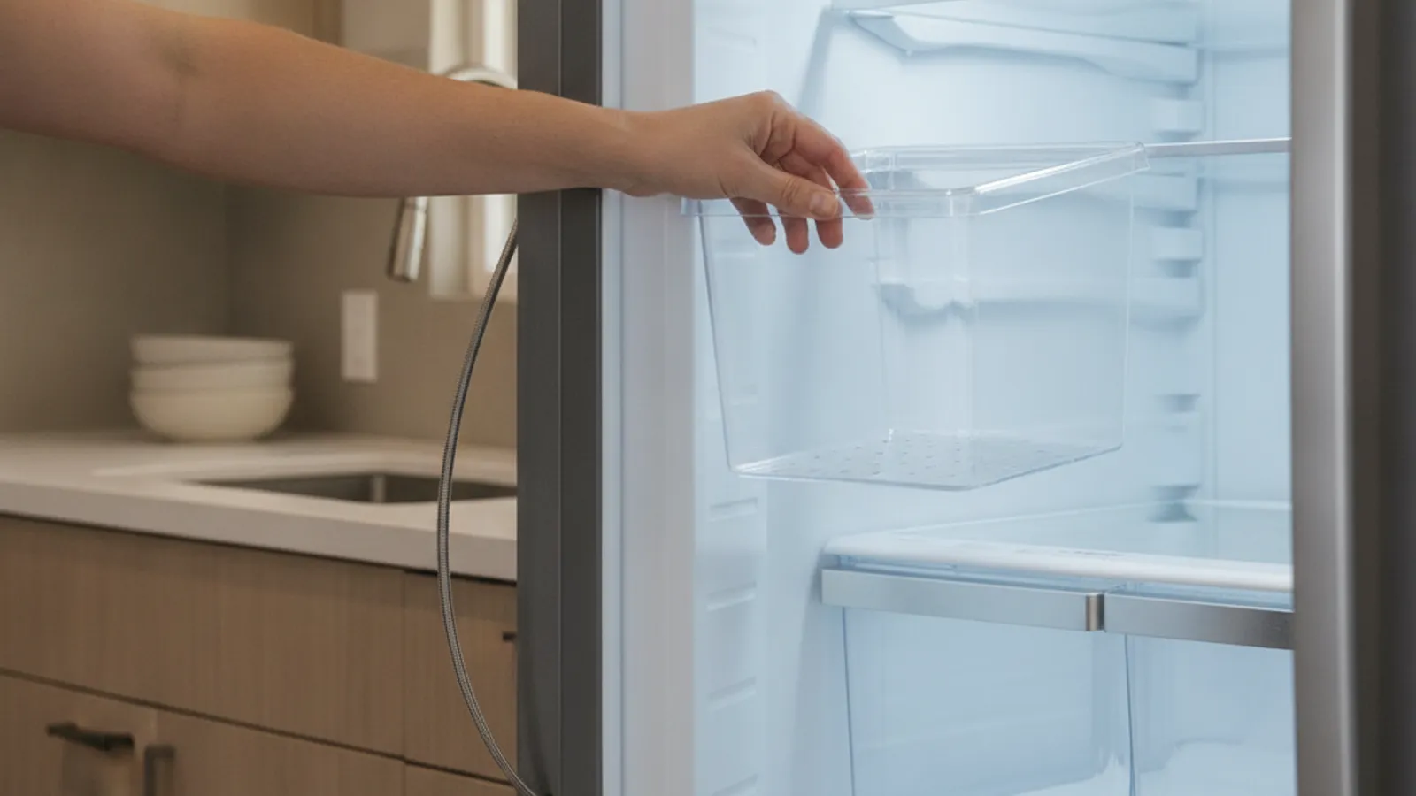 A hand pulling out the ice bin of a Whirlpool refrigerator that has no ice, in a San Diego kitchen.