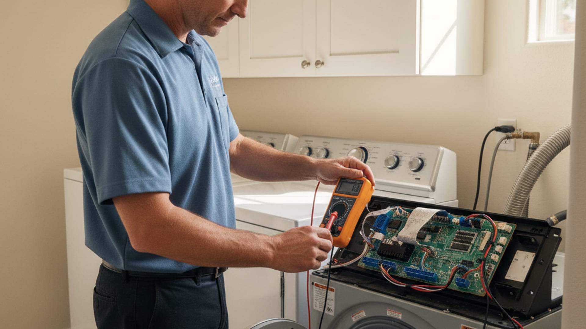Appliance repair technician in a steel-blue polo running a diagnostic on a washing machine control board in a San Diego laundry room