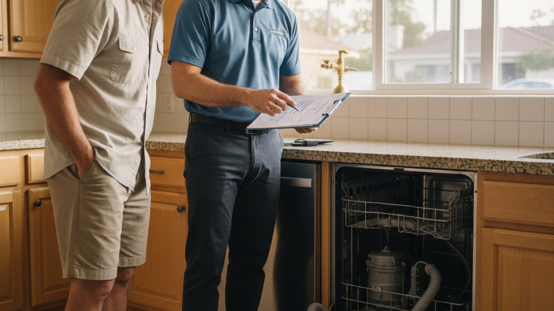 Appliance repair technician in a steel-blue polo walking a homeowner through a diagnostic report in a San Diego kitchen