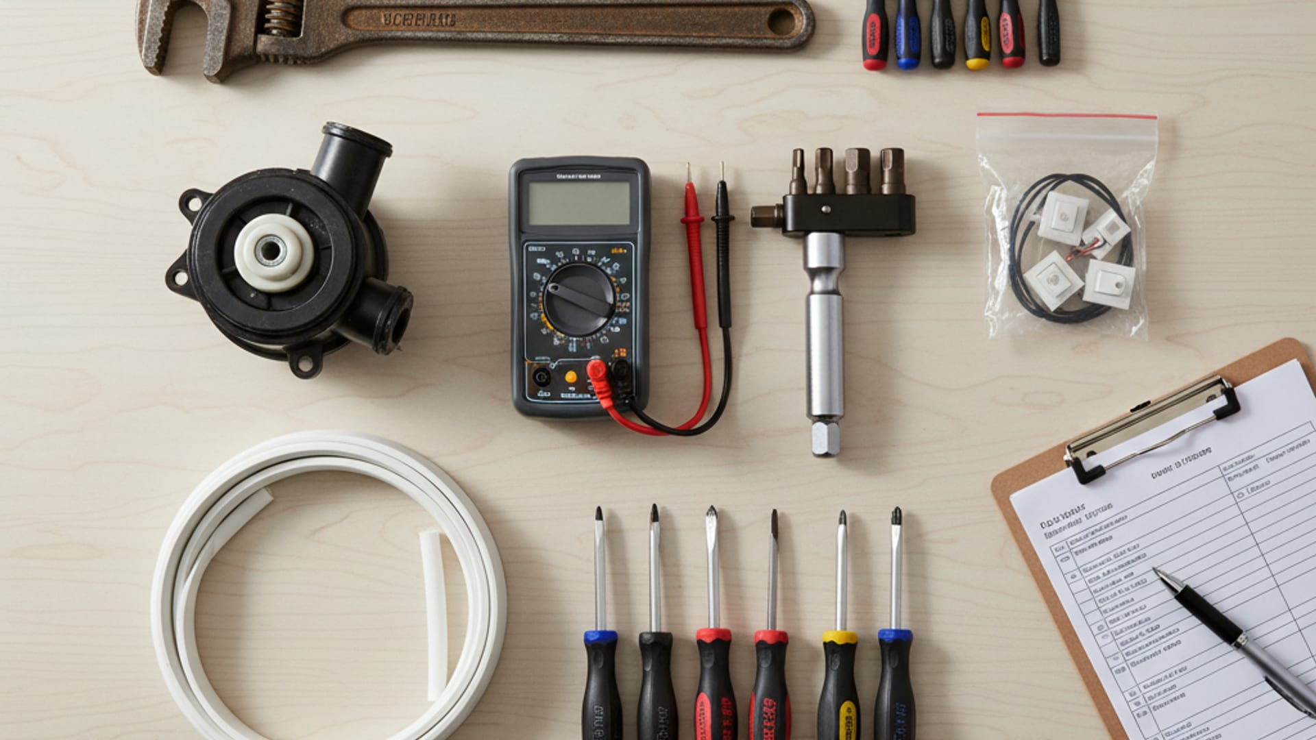Overhead flat-lay of professional Appliance Repair service equipment including refrigerant gauges, multimeter, capacitors, and tools on a clean work surface
