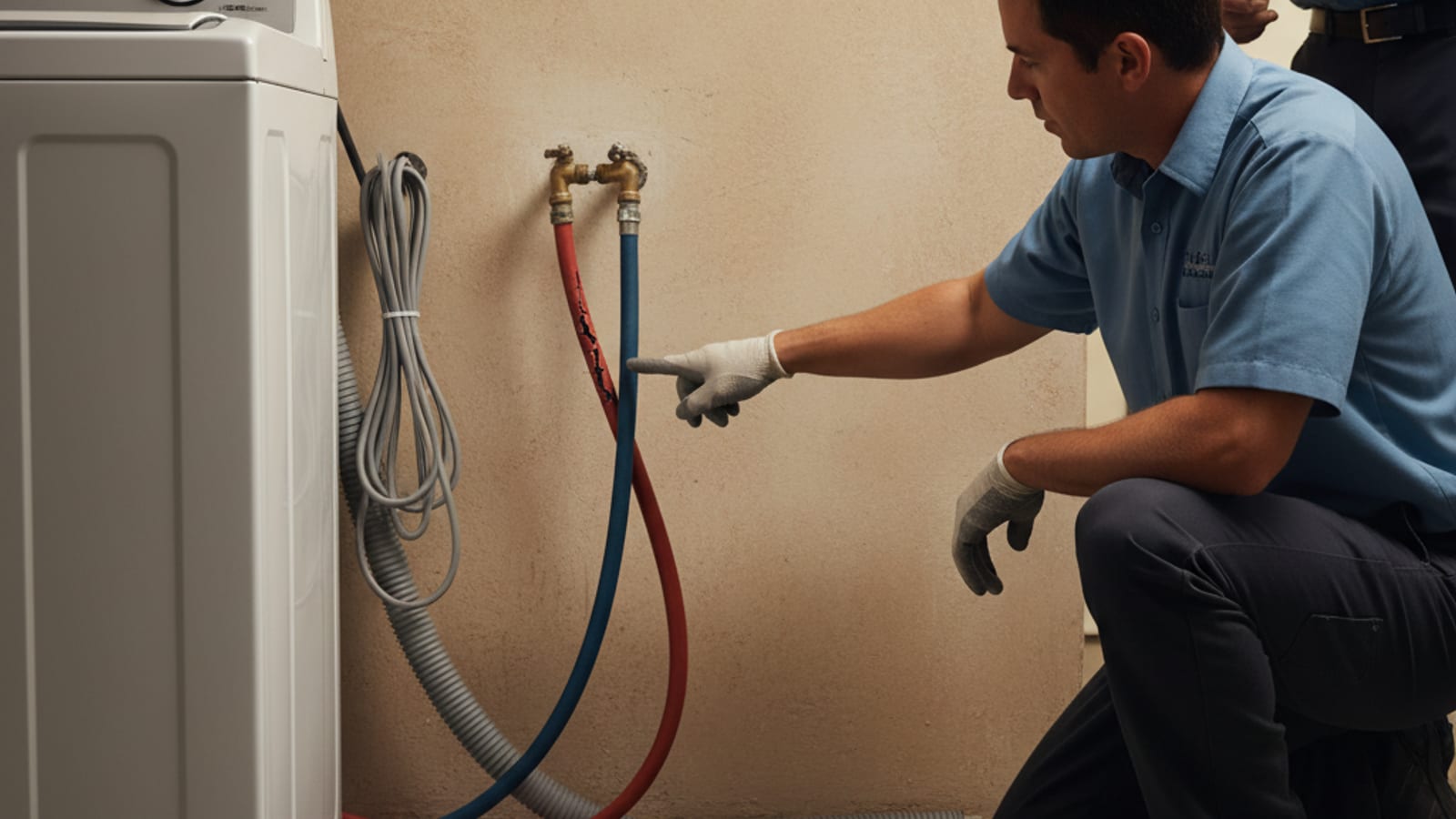 Close-up of rubber washing machine supply hoses with one hose showing visible bulging and age cracking near the coupling