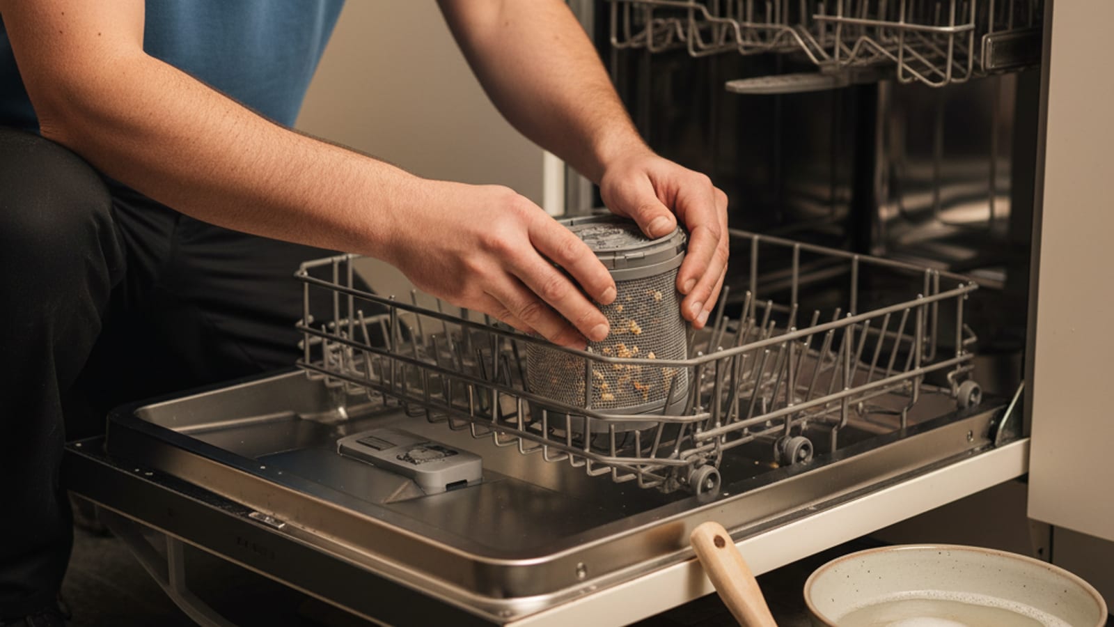 Homeowner twisting out the cylindrical filter assembly from the bottom of an open dishwasher