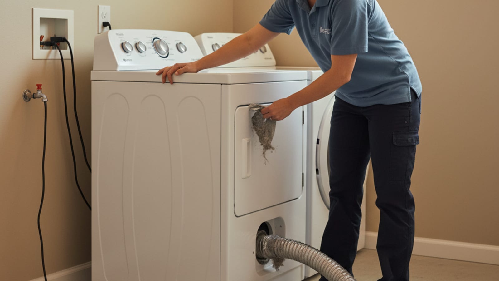 Homeowner cleaning a flexible dryer vent hose with a long brush revealing lint accumulation