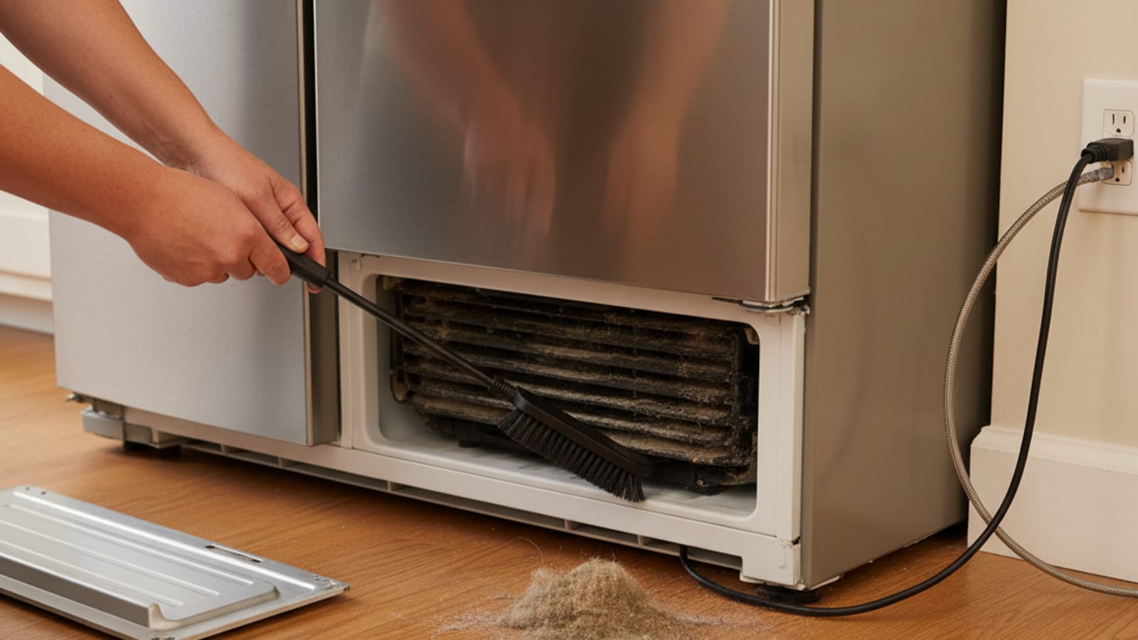 Homeowner using a refrigerator coil brush to clean dust from the condenser coils at the bottom rear of a stainless-steel refrigerator